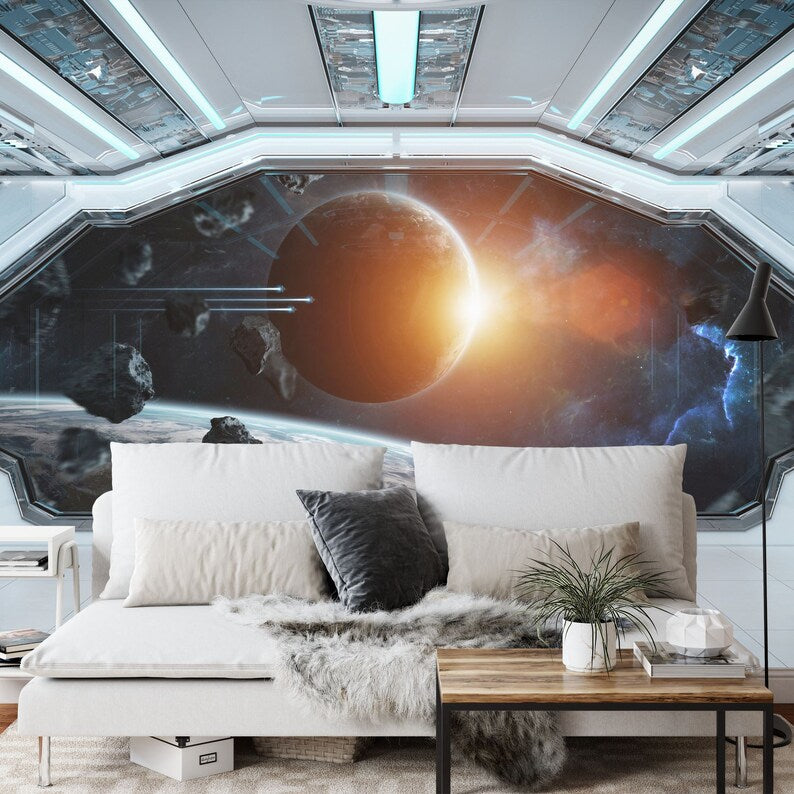 Spaceship Window Wall Mural, Stars Astronomy Kids Room