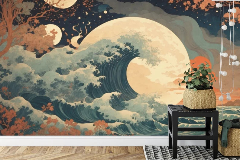Abstract Wave Mural Wallpaper, Sun Crescent Art Print
