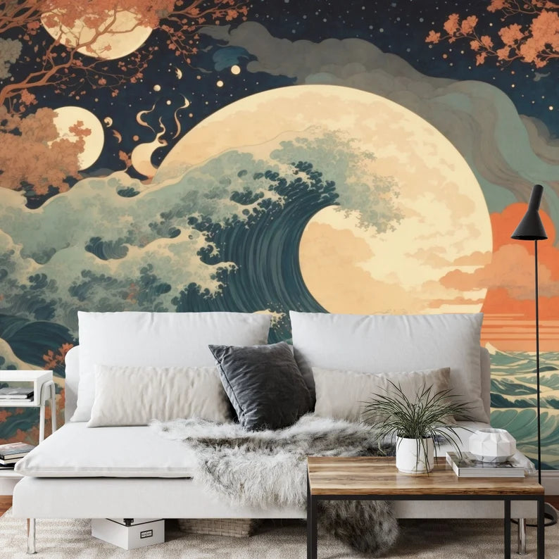 Abstract Wave Mural Wallpaper, Sun Crescent Art Print