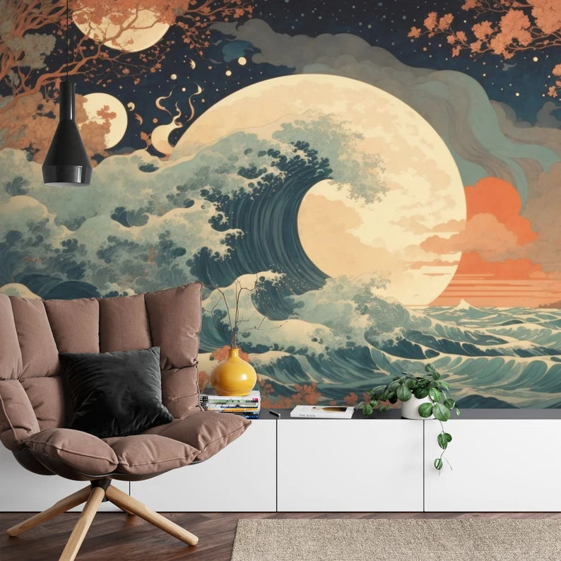 Abstract Wave Mural Wallpaper, Sun Crescent Art Print