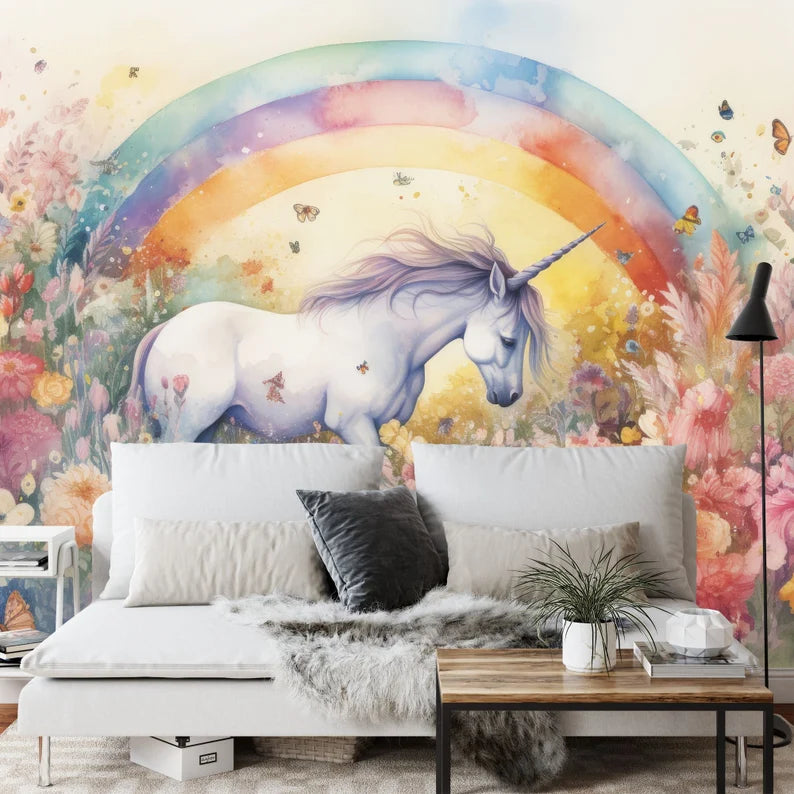 Unicorn in Flower Field Wall Mural, Girls Room Decor