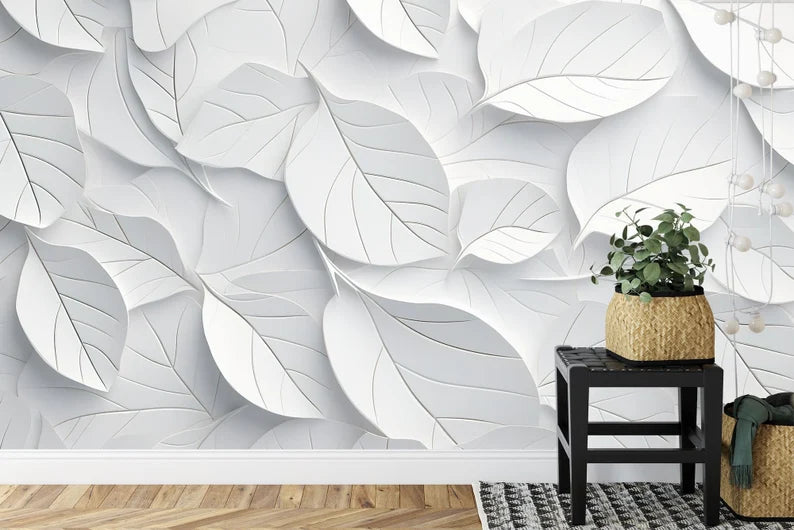 White Geometric Leaves 3D Wallpaper, Easy Install