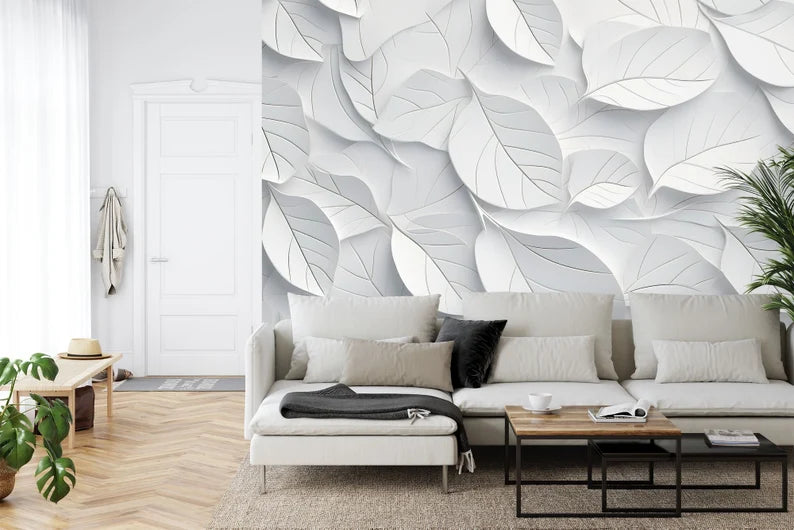 White Geometric Leaves 3D Wallpaper, Easy Install