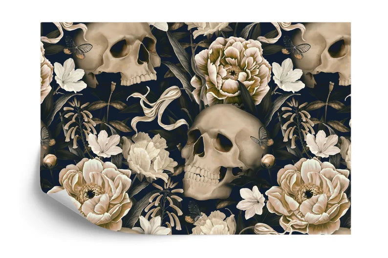 Gothic Floral Skull Wallpaper Mural - Dark Botanical