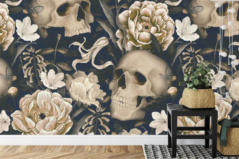 Gothic Floral Skull Wallpaper Mural - Dark Botanical