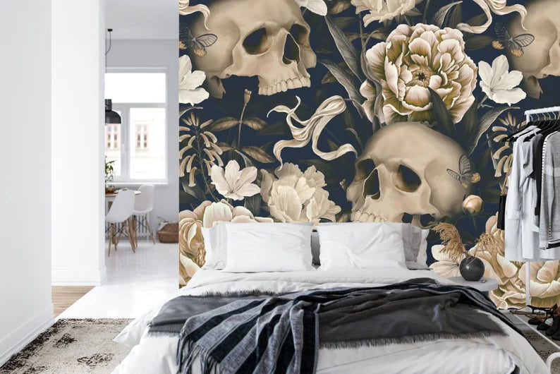 Gothic Floral Skull Wallpaper Mural - Dark Botanical