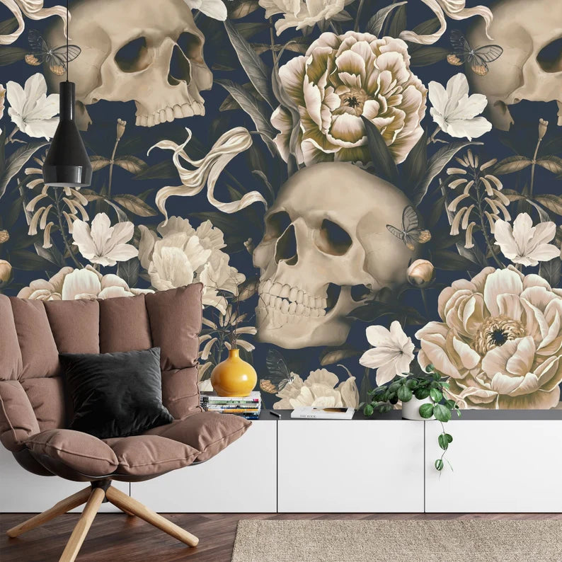 Gothic Floral Skull Wallpaper Mural - Dark Botanical