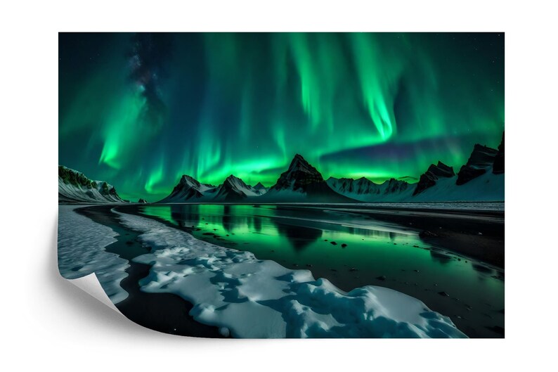 Aurora Borealis Wall Mural, Snowy Mountain Landscape