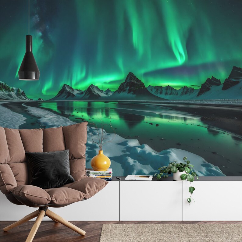 Aurora Borealis Wall Mural, Snowy Mountain Landscape