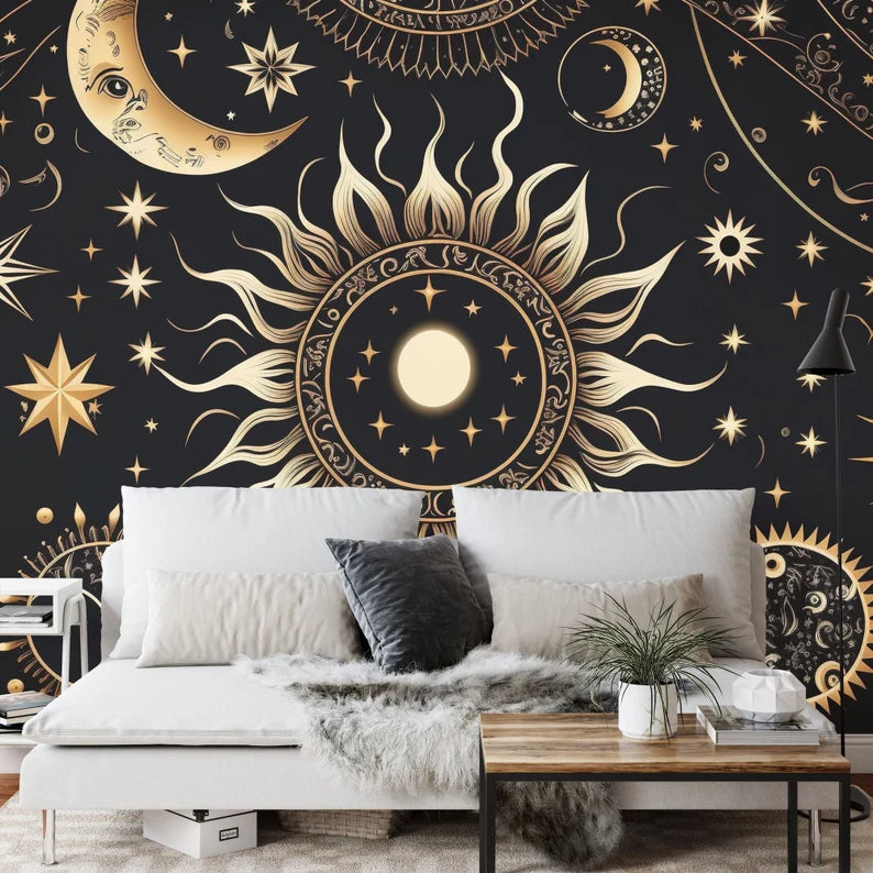 Golden Stars Moon Wallpaper Mural, Mystical Space
