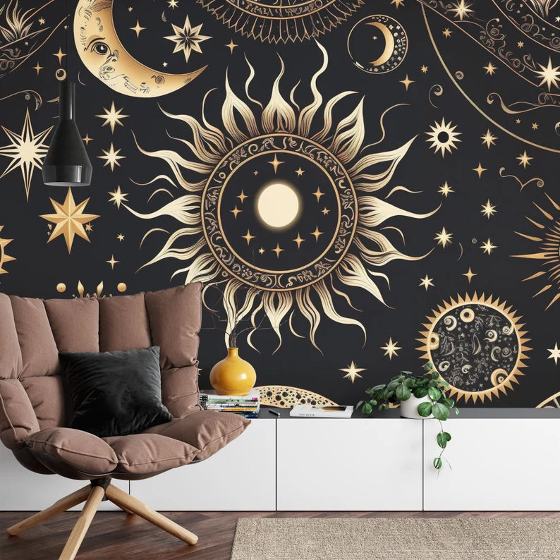 Golden Stars Moon Wallpaper Mural, Mystical Space