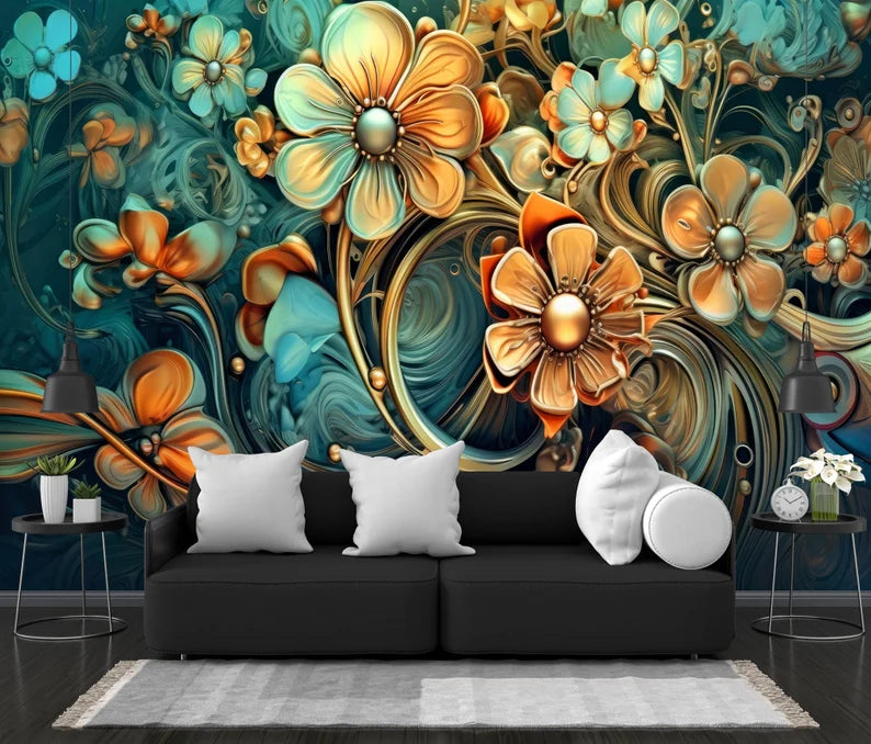 Golden Floral Wall Mural, 3D Metallic Flower Wallpaper