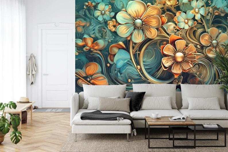 Golden Floral Wall Mural, 3D Metallic Flower Wallpaper