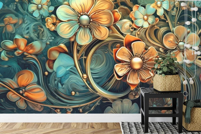 Golden Floral Wall Mural, 3D Metallic Flower Wallpaper