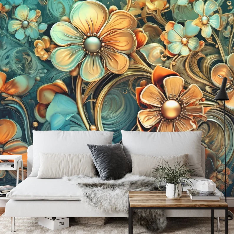 Golden Floral Wall Mural, 3D Metallic Flower Wallpaper