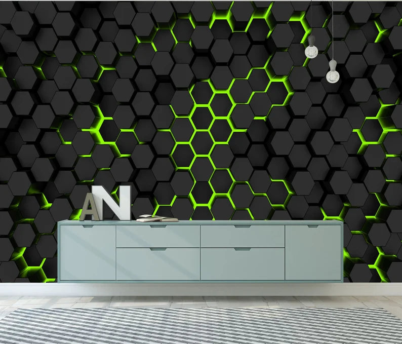 Black and Green Hexagon Wall Mural, Geometric Art Print
