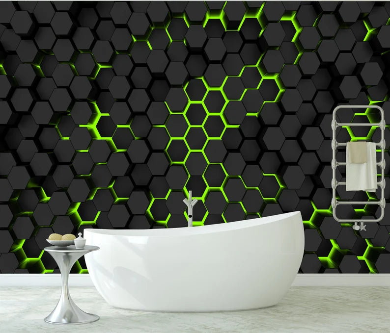 Black and Green Hexagon Wall Mural, Geometric Art Print