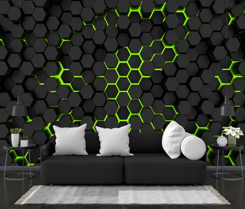 Black and Green Hexagon Wall Mural, Geometric Art Print