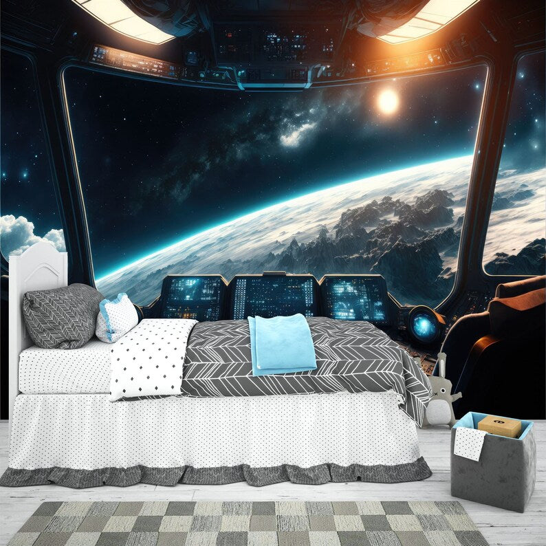 Spaceship Window Wall Mural, Stars Astronomy Kids Room