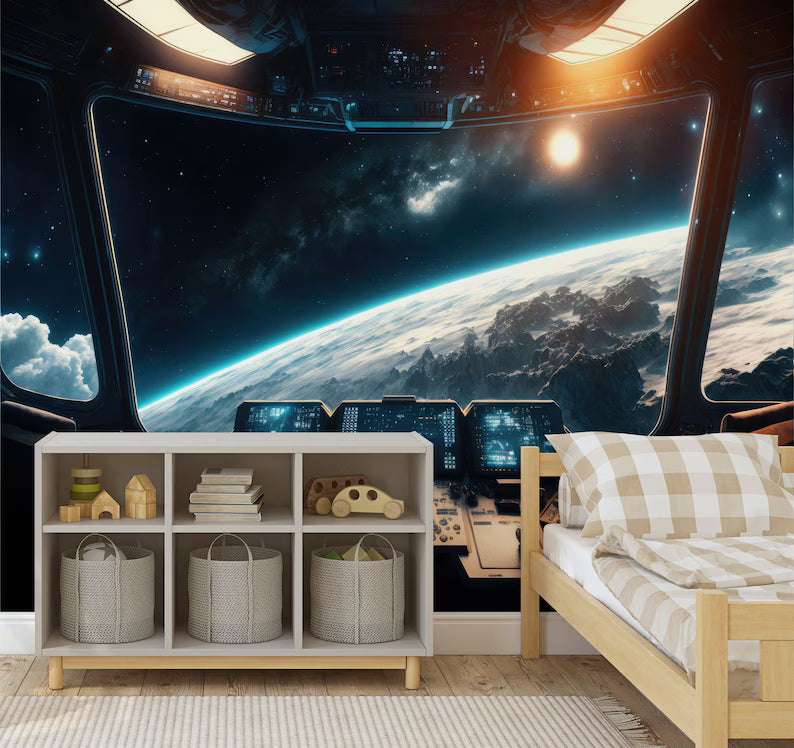 Spaceship Window Wall Mural, Stars Astronomy Kids Room