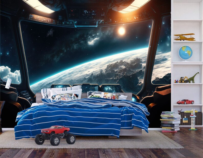 Spaceship Window Wall Mural, Stars Astronomy Kids Room