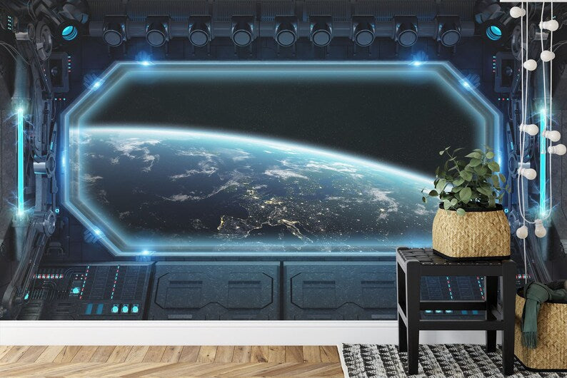 Spaceship Window Wall Mural, Stars Astronomy Kids Room