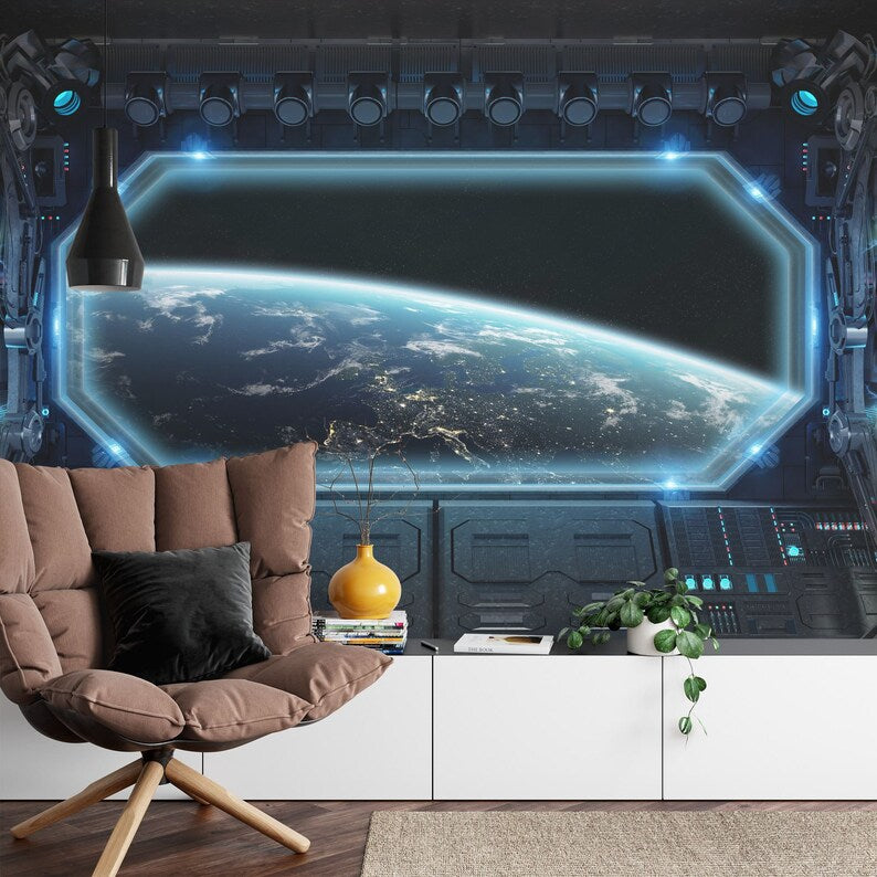 Spaceship Window Wall Mural, Stars Astronomy Kids Room
