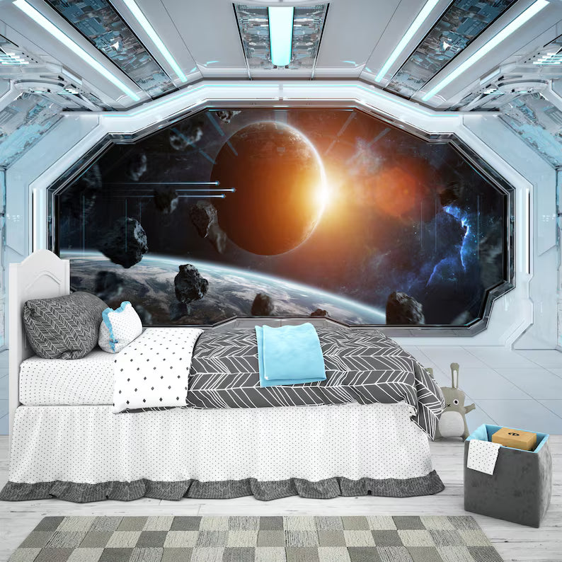 Spaceship Window Wall Mural, Stars Astronomy Kids Room