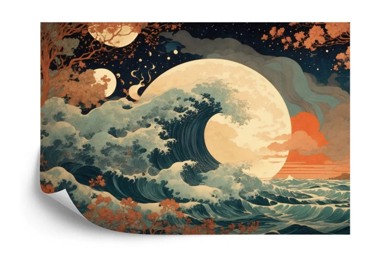 Abstract Wave Mural Wallpaper, Sun Crescent Art Print