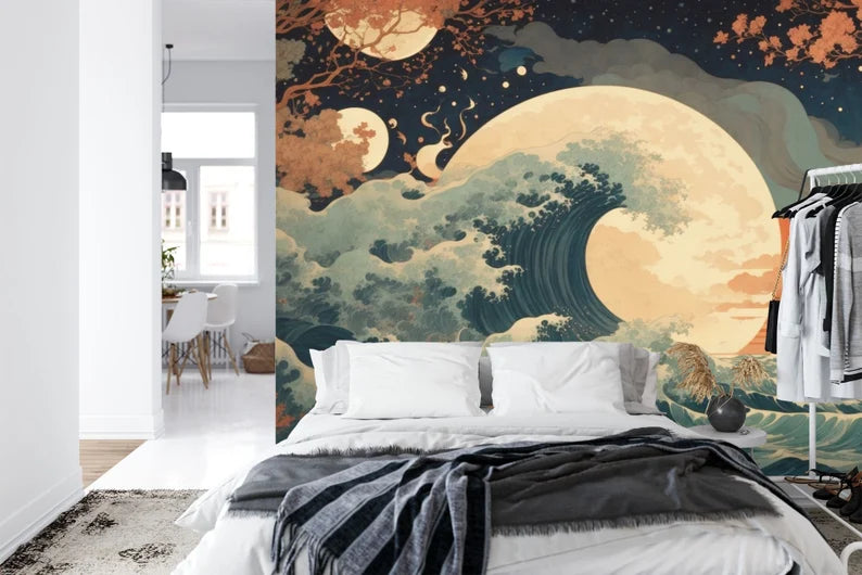 Abstract Wave Mural Wallpaper, Sun Crescent Art Print