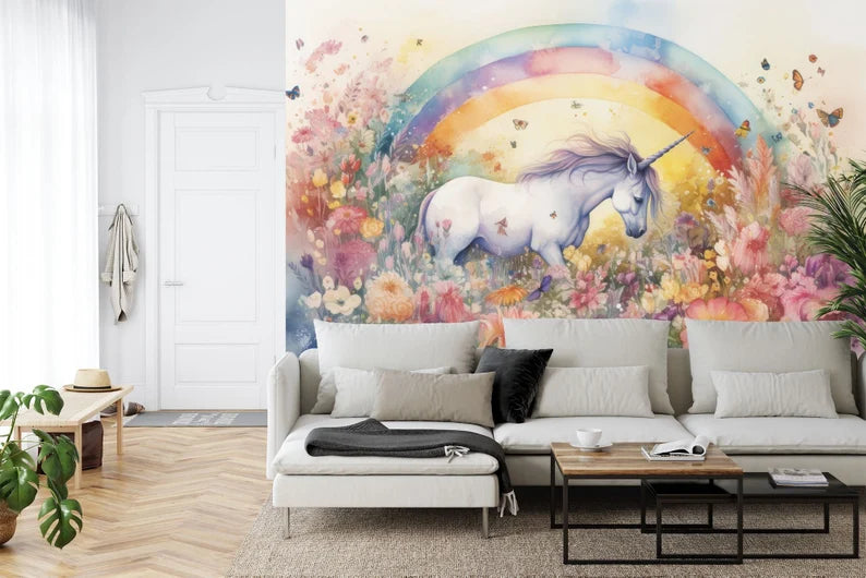 Unicorn in Flower Field Wall Mural, Girls Room Decor
