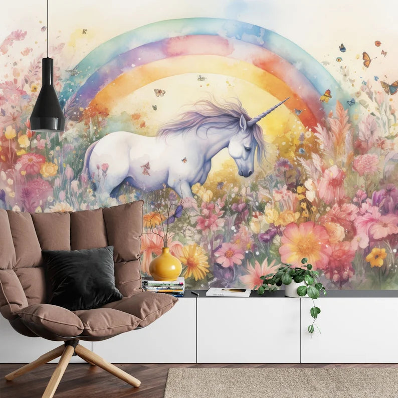 Unicorn in Flower Field Wall Mural, Girls Room Decor