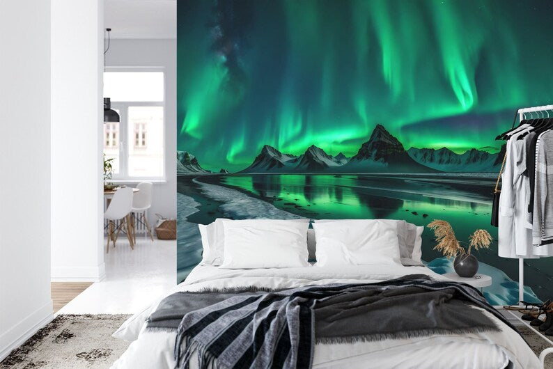 Aurora Borealis Wall Mural, Snowy Mountain Landscape