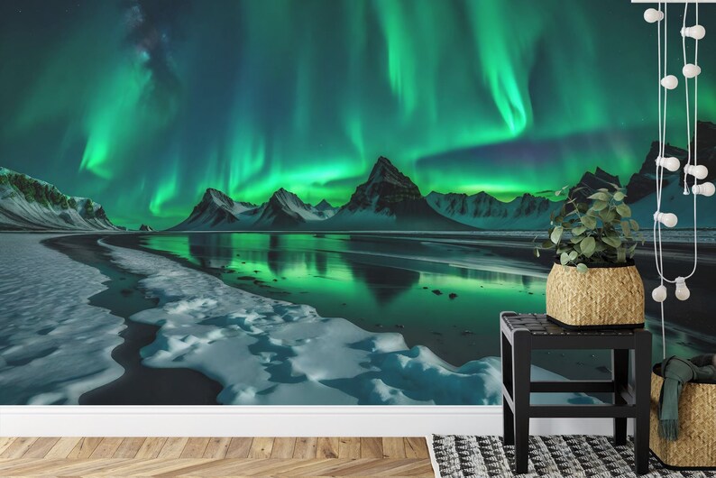 Aurora Borealis Wall Mural, Snowy Mountain Landscape