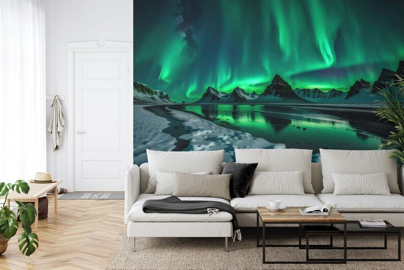 Aurora Borealis Wall Mural, Snowy Mountain Landscape