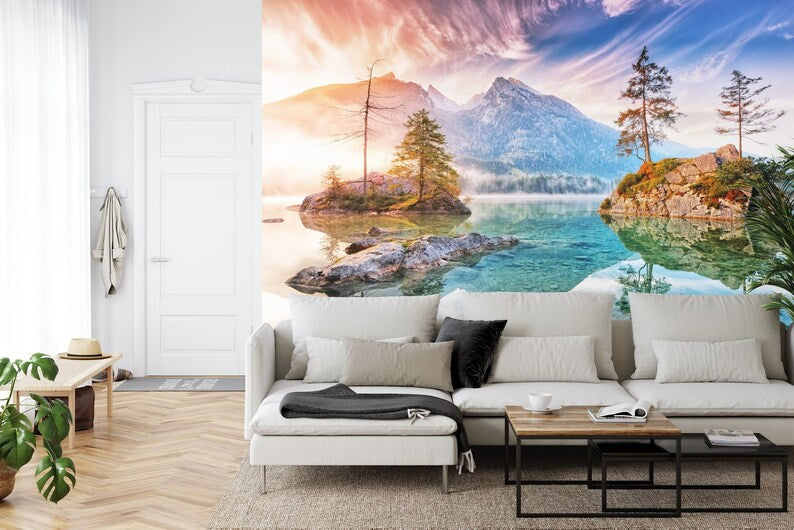 Lake Mountain View Wall Mural, Art Print Wallpaper