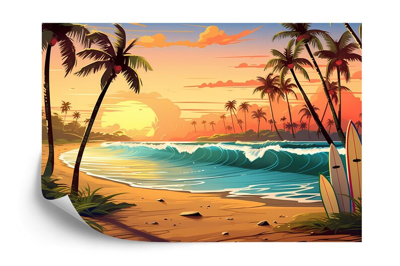 Cartoon Surfboard Beach Wallpaper Mural
