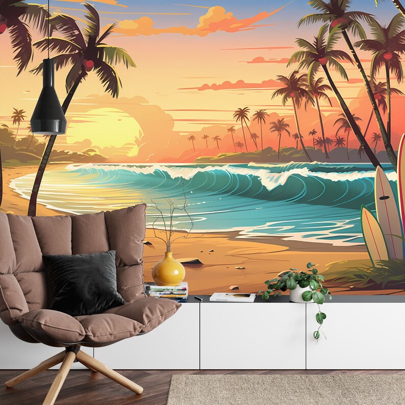 Cartoon Surfboard Beach Wallpaper Mural