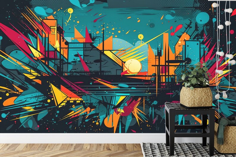 Colorful Graffiti Wallpaper Mural, Abstract AI Art Print