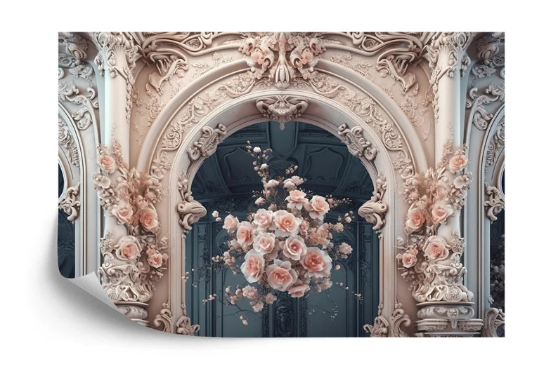 Pink Roses on Victorian Columns Wallpaper Mural