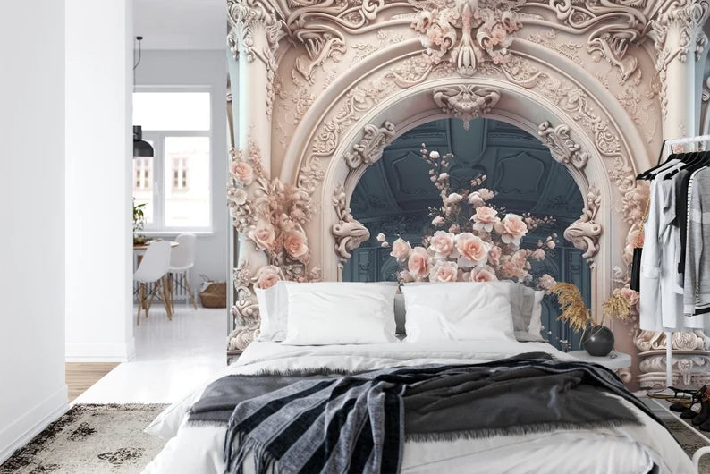 Pink Roses on Victorian Columns Wallpaper Mural