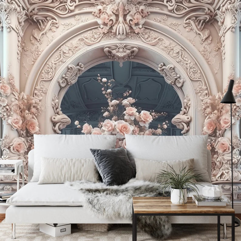 Pink Roses on Victorian Columns Wallpaper Mural