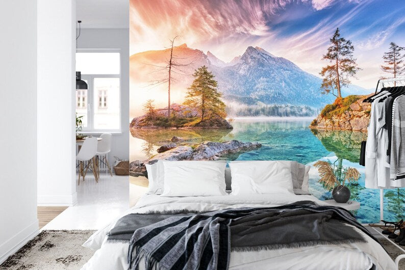 Lake Mountain View Wall Mural, Art Print Wallpaper