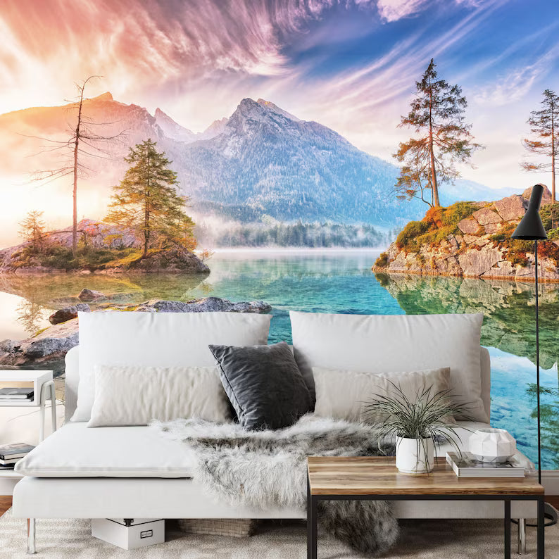 Lake Mountain View Wall Mural, Art Print Wallpaper