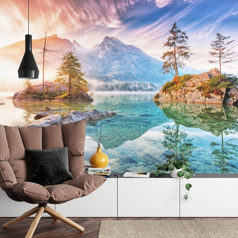 Lake Mountain View Wall Mural, Art Print Wallpaper