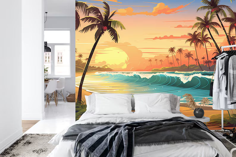 Cartoon Surfboard Beach Wallpaper Mural