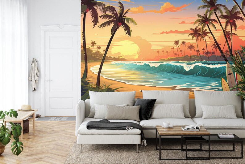 Cartoon Surfboard Beach Wallpaper Mural