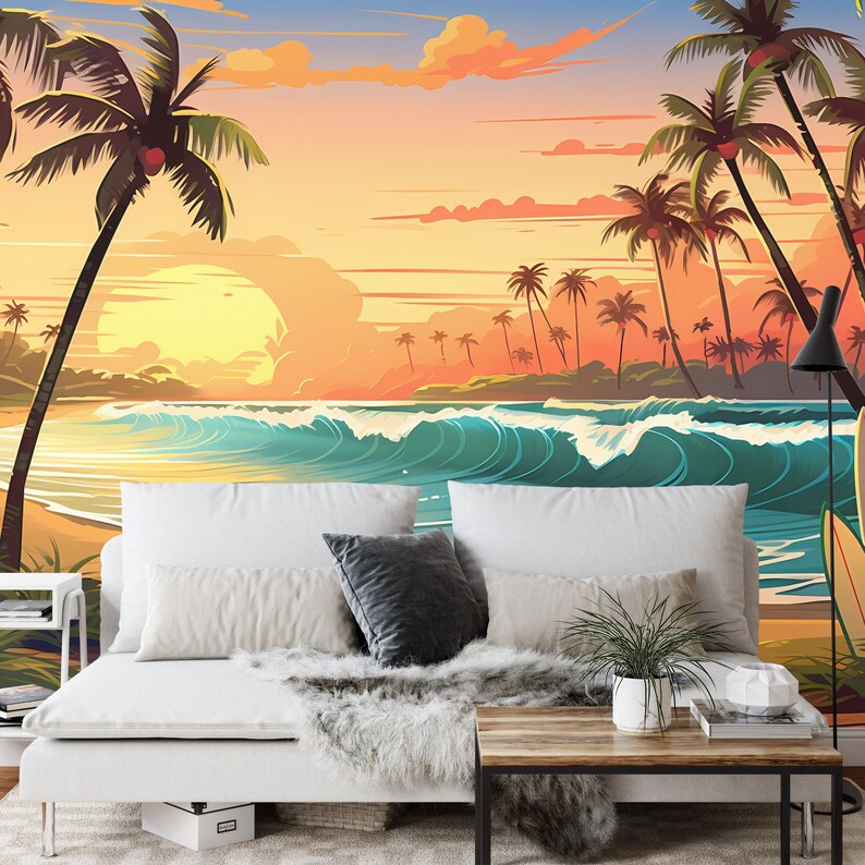 Cartoon Surfboard Beach Wallpaper Mural