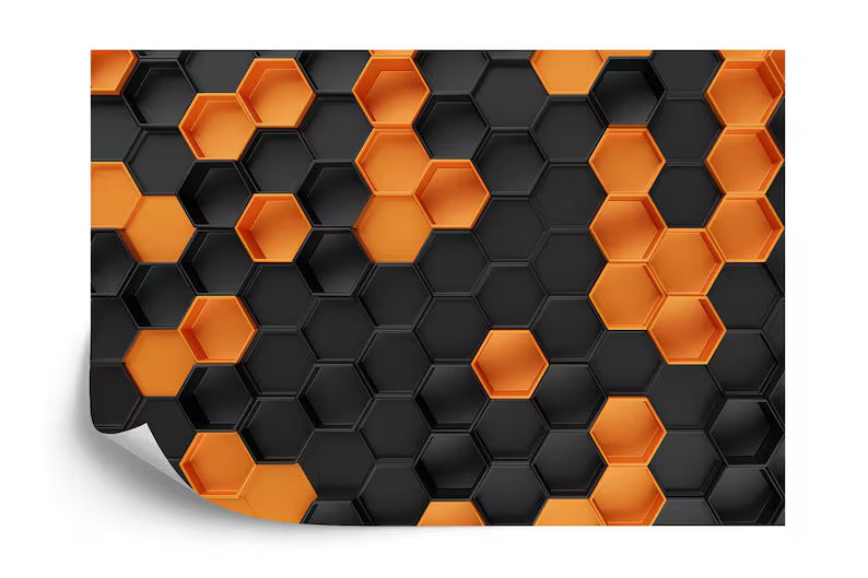 Orange Black Hexagon Wallpaper Mural, 3D Honeycomb Pattern