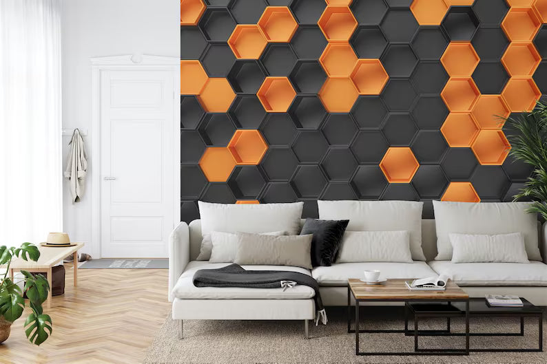 Orange Black Hexagon Wallpaper Mural, 3D Honeycomb Pattern